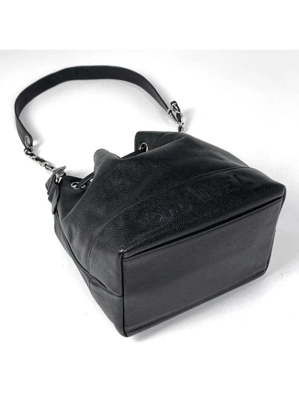 Chanel Logo Chain Shoulder Bag Drawstring Caviar Leather Black